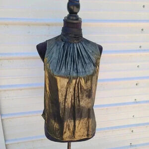 Vintage Anna Kriste Blouse Shirt - Size 10 Petite - Black Gold High Neck Shiny